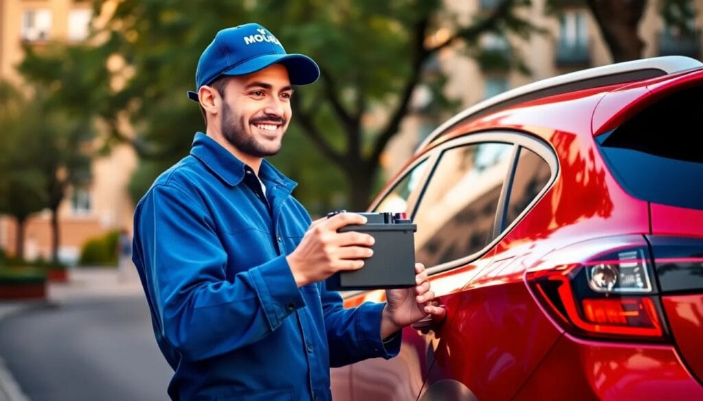 Técnico sonriente con batería en mano