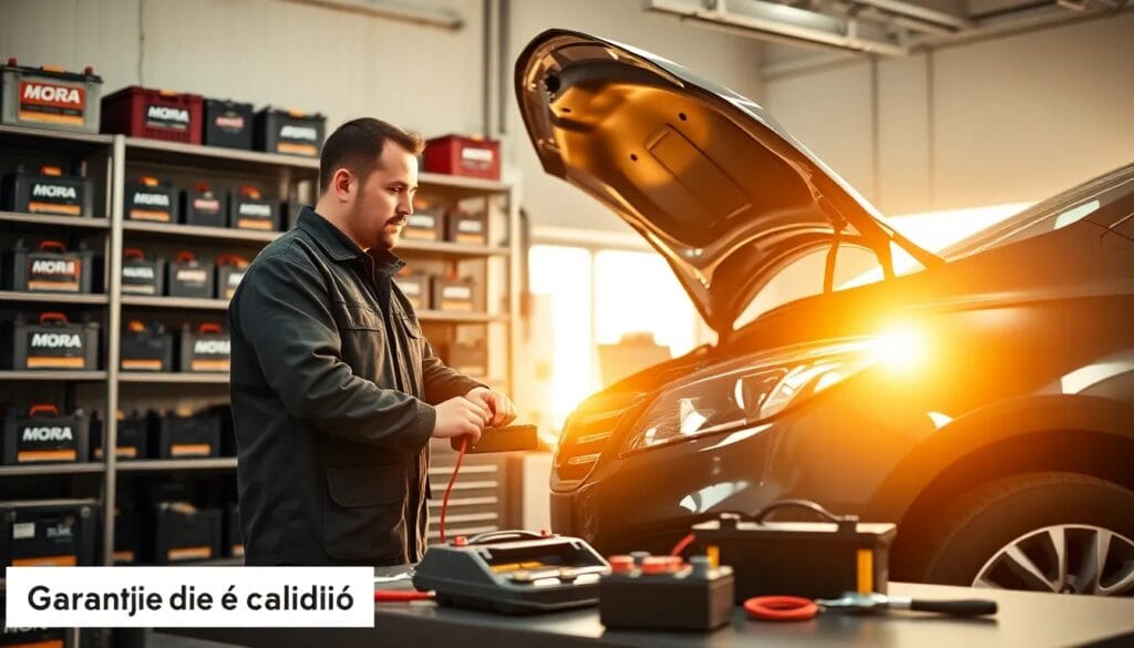 Hombre revisando batería de automóvil.