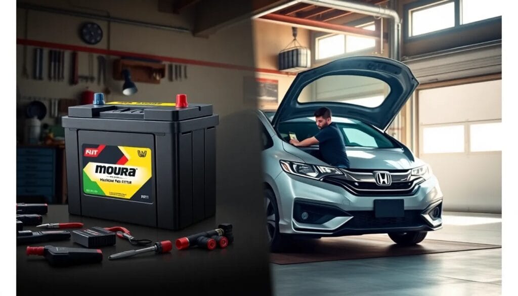 Batería Moura junto a un Honda Fit
