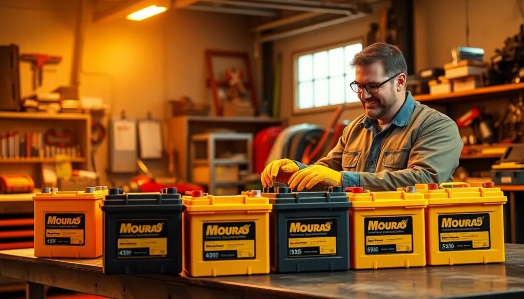 Hombre organizando baterías en taller.