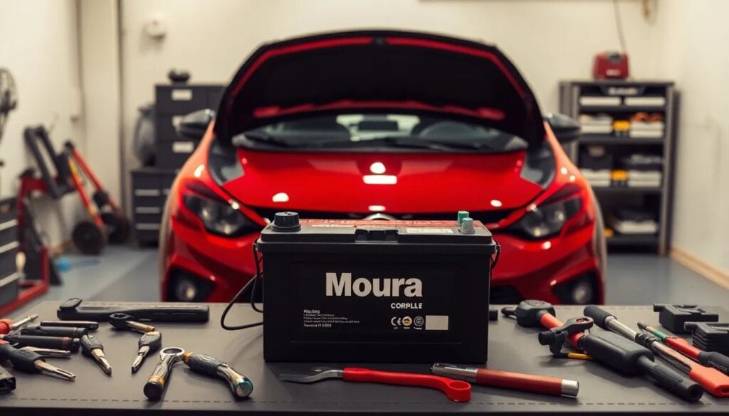 Batería Moura frente a un coche rojo
