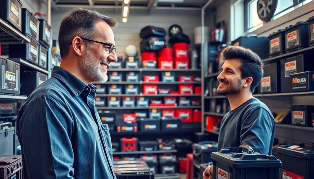 Hombres conversando en tienda de baterías.