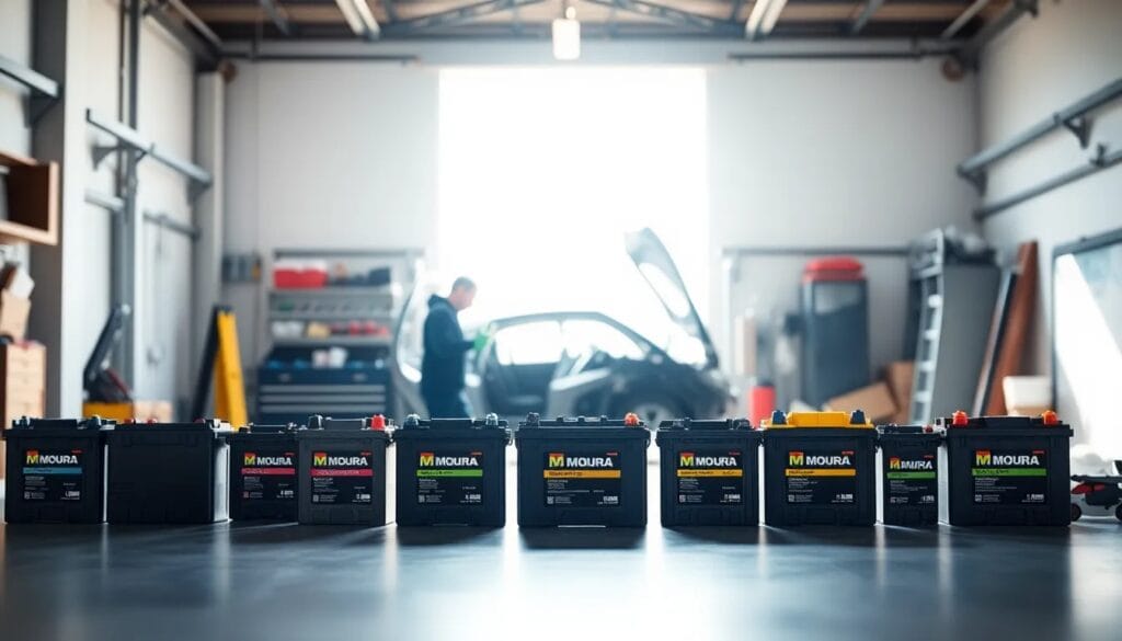 Baterías en taller automotriz organizado.