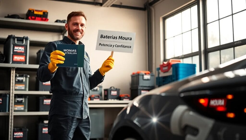 Hombre sosteniendo carteles de baterías