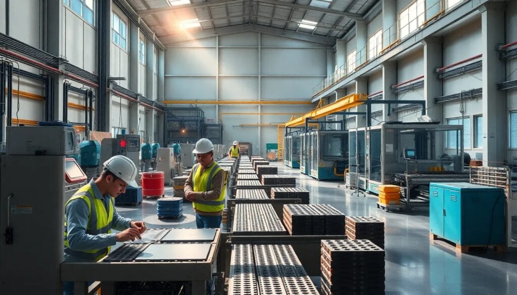 Fábrica de baterías con trabajadores.