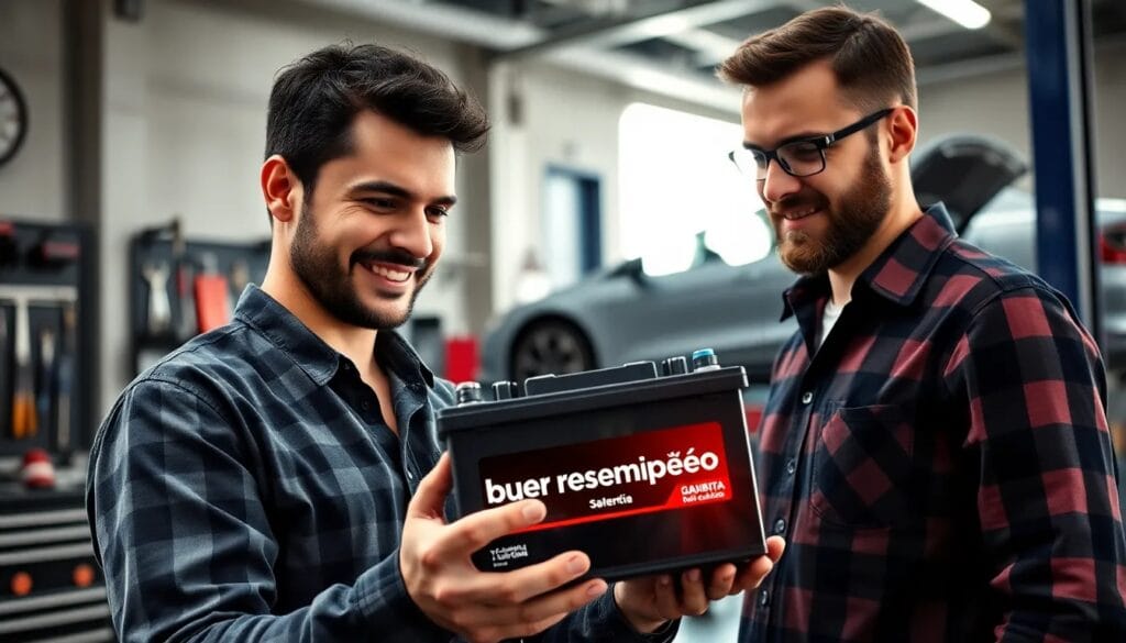 Dos hombres revisando una batería de auto.