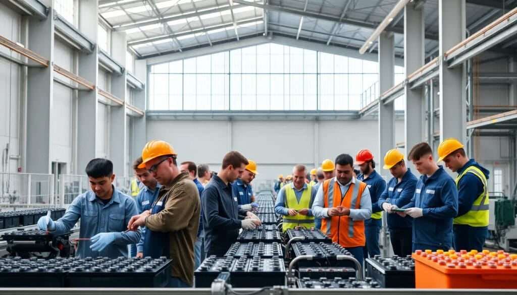 Trabajadores en fábrica de baterías