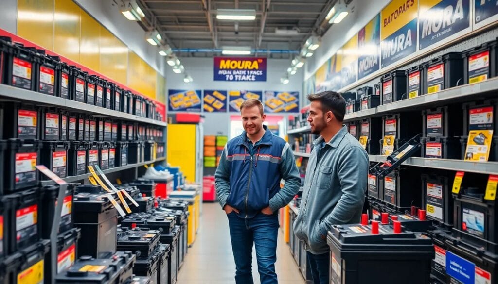 Hombres eligiendo baterías en tienda.