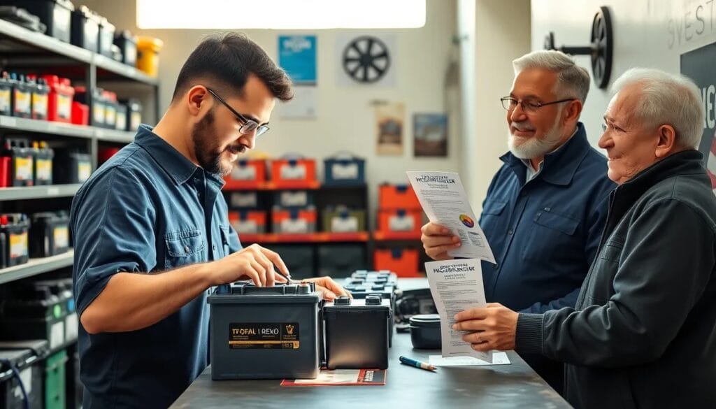 Hombres eligen baterías para carros.
