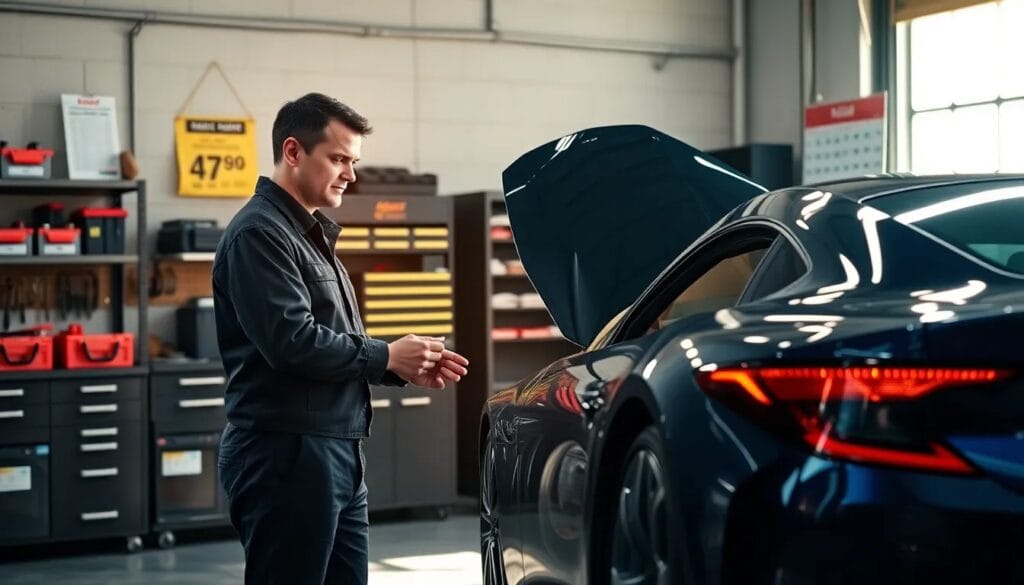 Hombre revisando un coche deportivo.