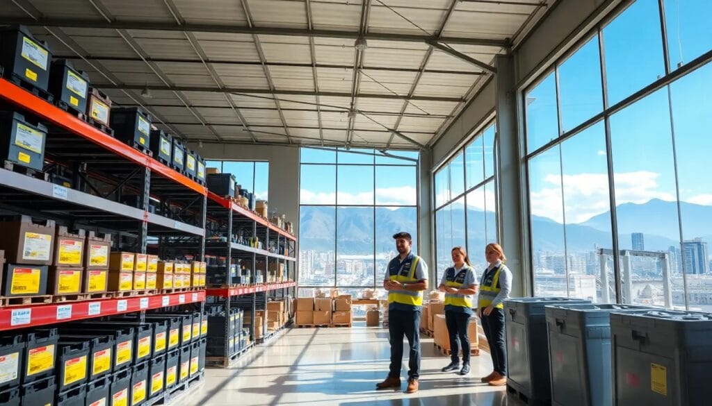 Almacén moderno con trabajadores y baterías.