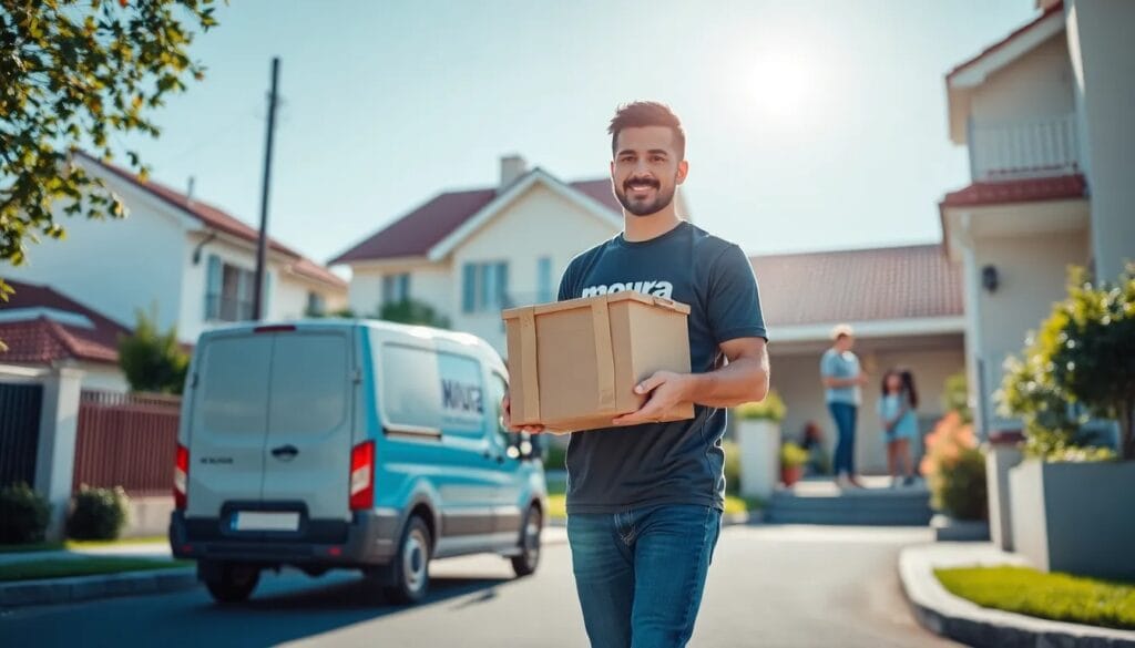 Hombre sonriente entregando un paquete.