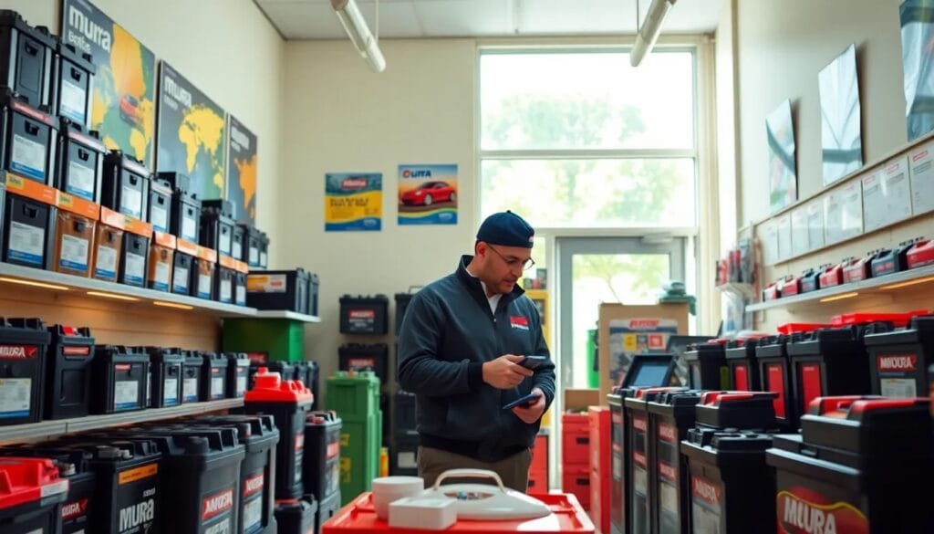 Hombre en tienda de baterías de auto.