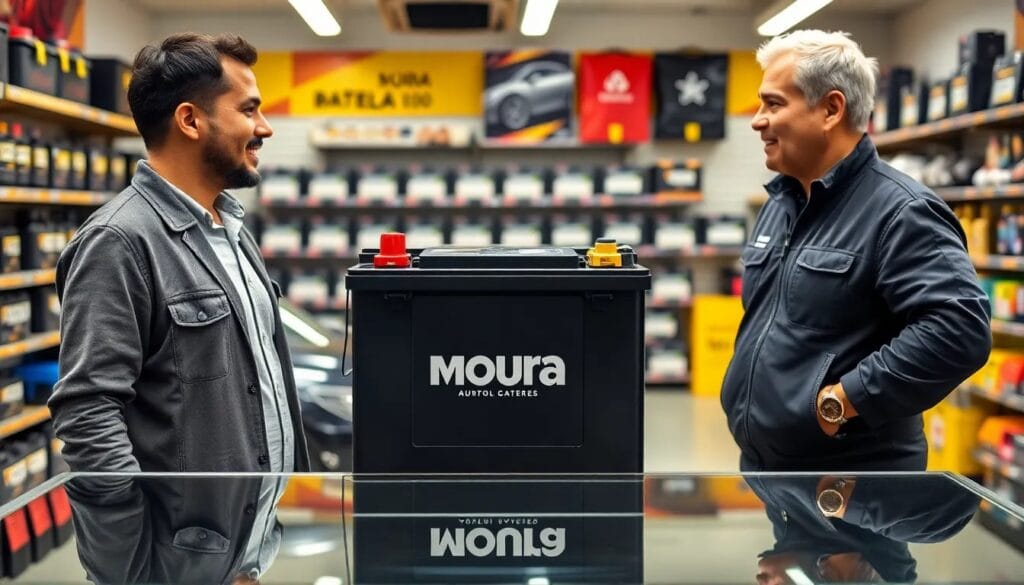 Hombres conversando sobre baterías Moura