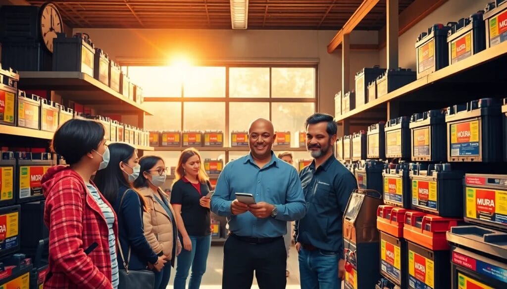 Grupo de personas en tienda de baterías.