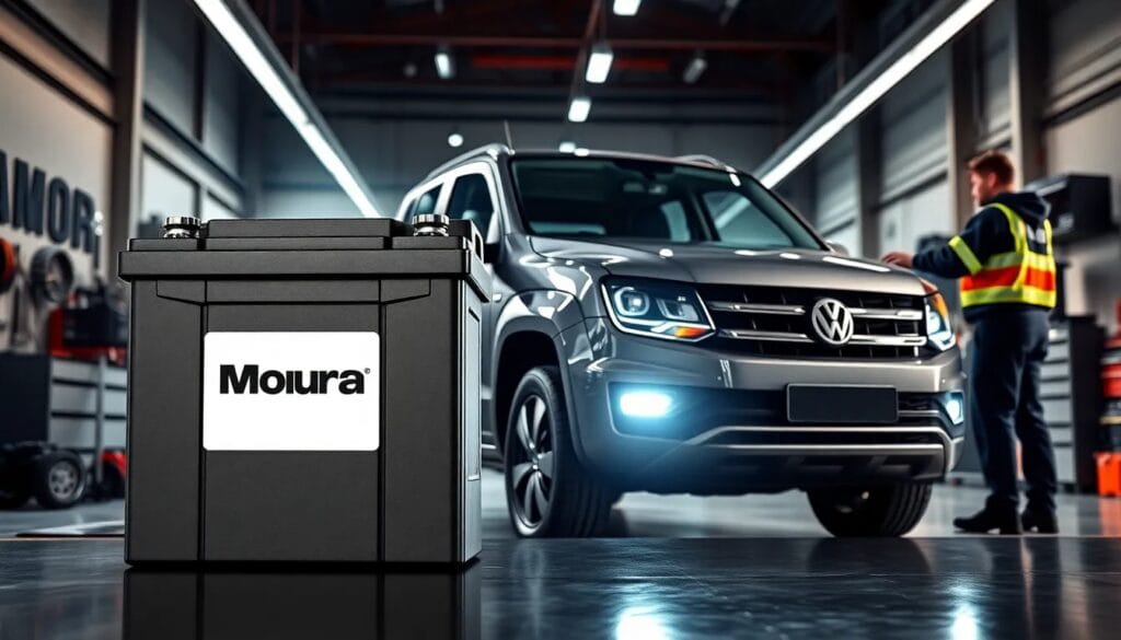 Batería Moura junto a vehículo Volkswagen