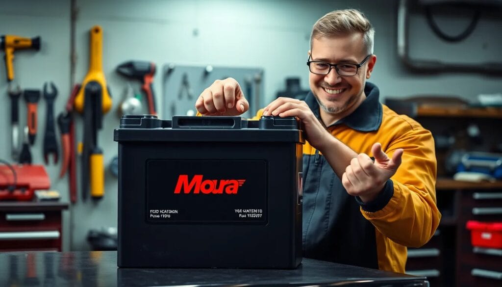Hombre feliz con batería Moura.