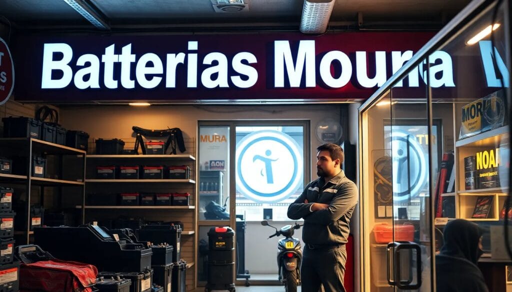 Tienda de baterías con empleado presente.