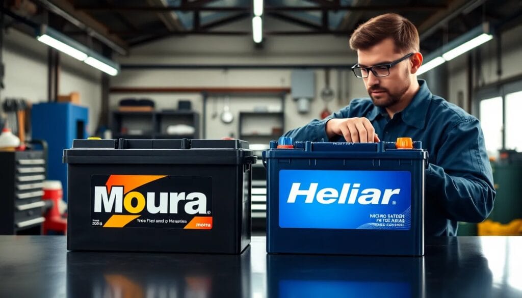 Hombre comparando baterías Moura y Heliar.