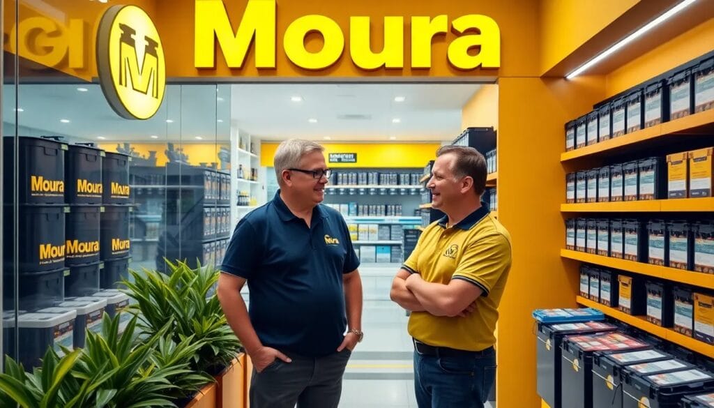 Hombres conversando en tienda Moura
