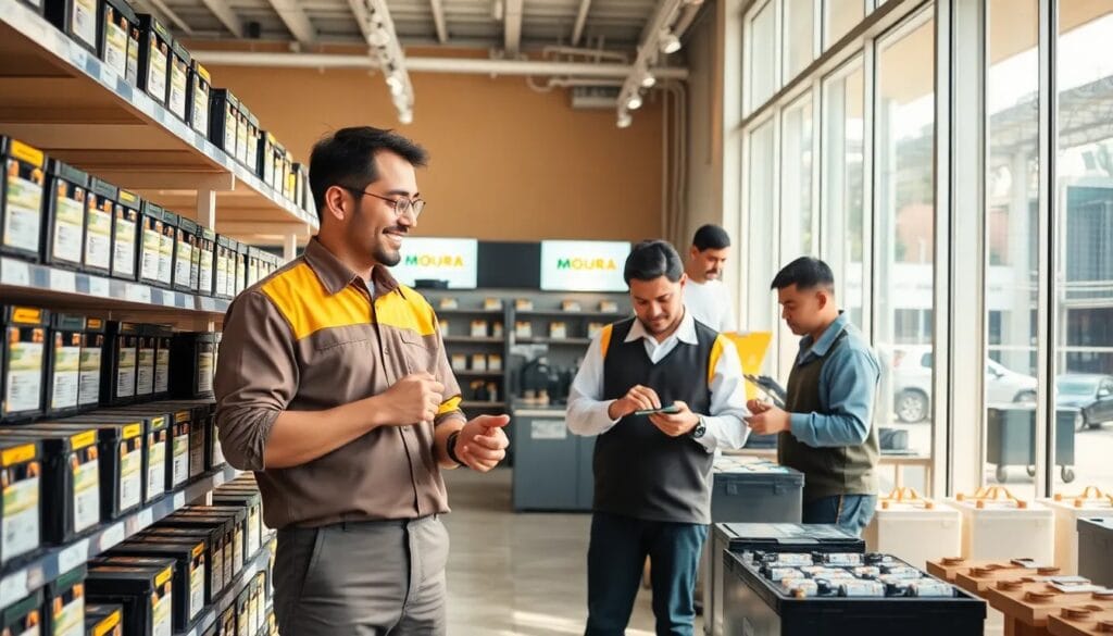 Empleados en tienda de baterías Moura.