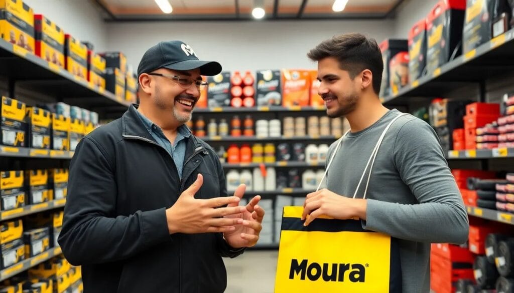 Hombres conversando en tienda de baterías