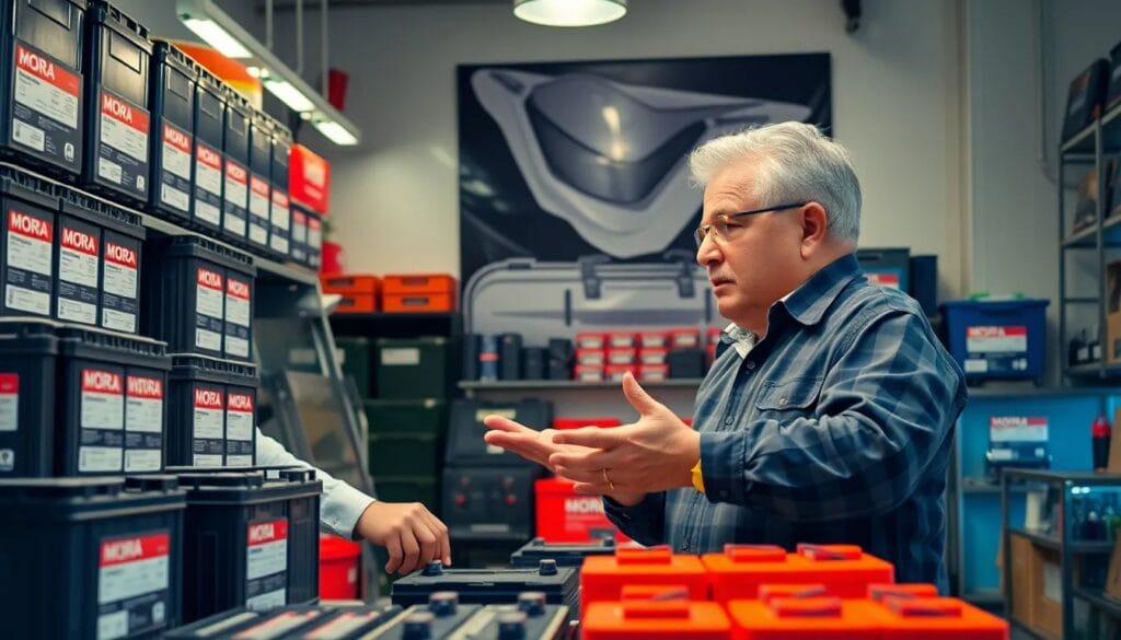 Hombre discutiendo sobre baterías Moura