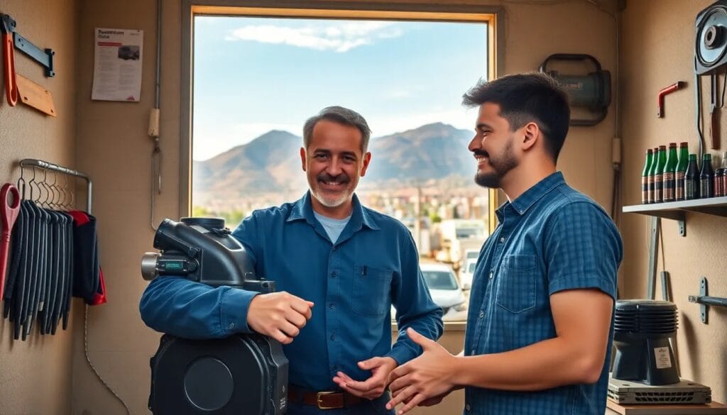 Hombres conversando en taller mecánico.