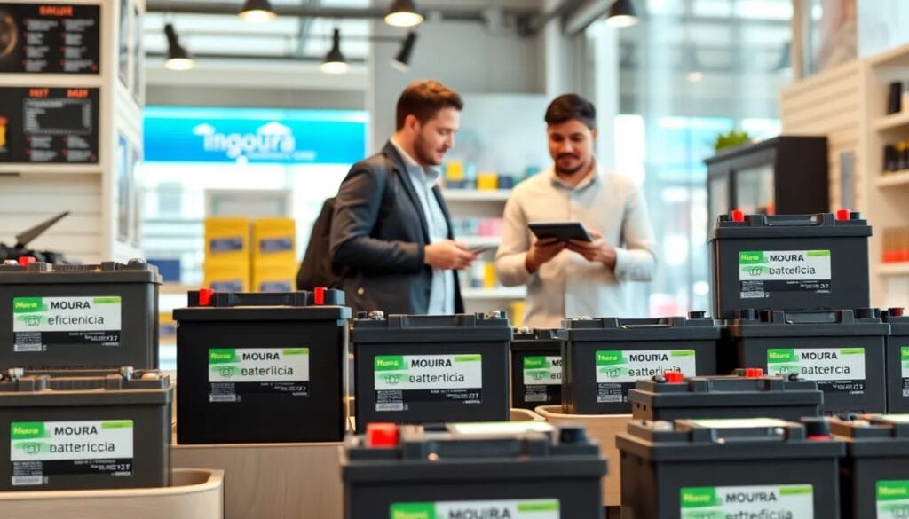 Hombres revisando baterías en tienda.
