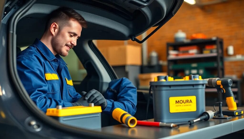 Hombre instalando batería en coche