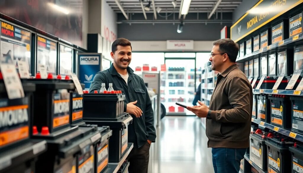 Hombres conversando en tienda de baterías