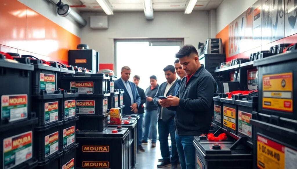 Hombres en tienda de baterías Moura.