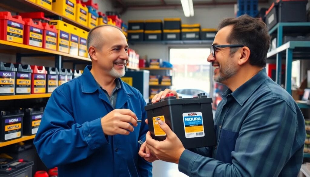 Dos hombres conversando sobre baterías.