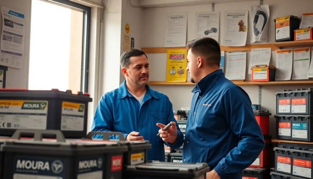 Dos hombres conversando sobre baterías.