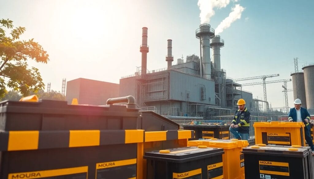 Planta eléctrica con trabajadores y baterías.