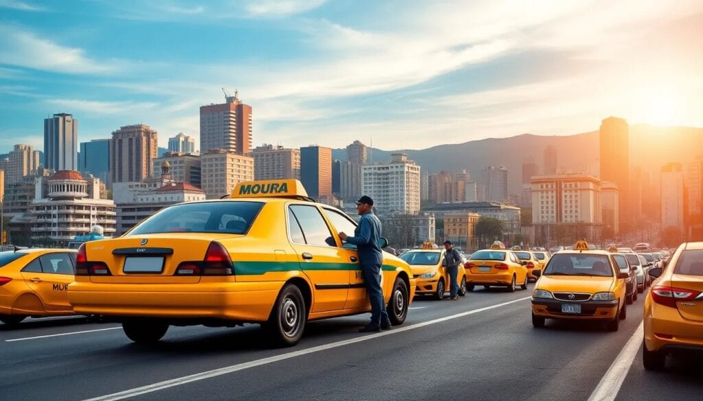 Taxis amarillos en una ciudad moderna