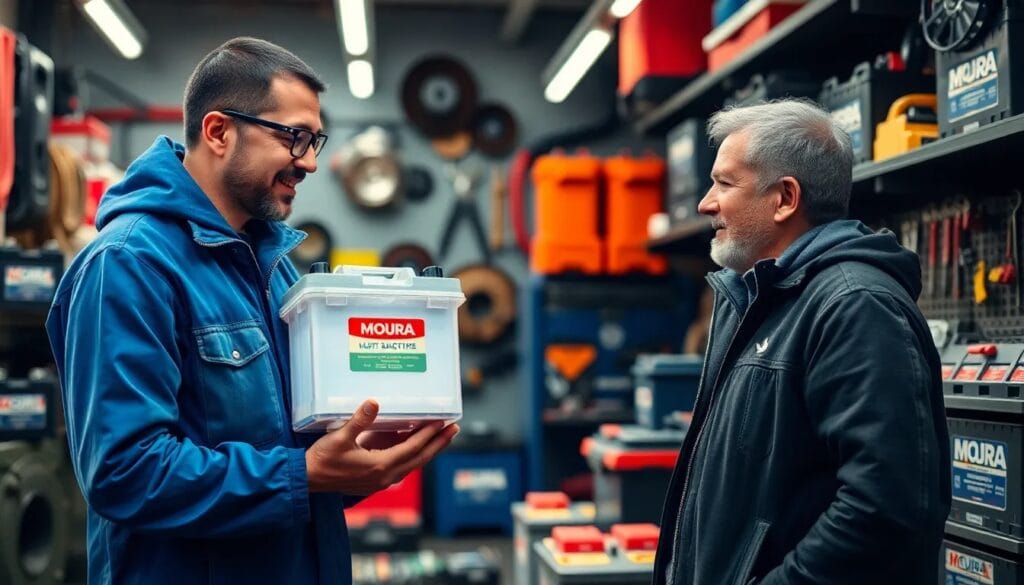 Dos hombres conversando sobre baterías.