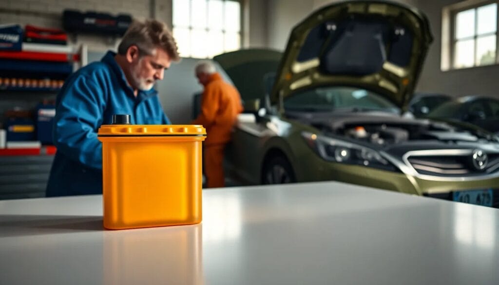 Taller de automóviles con batería amarilla