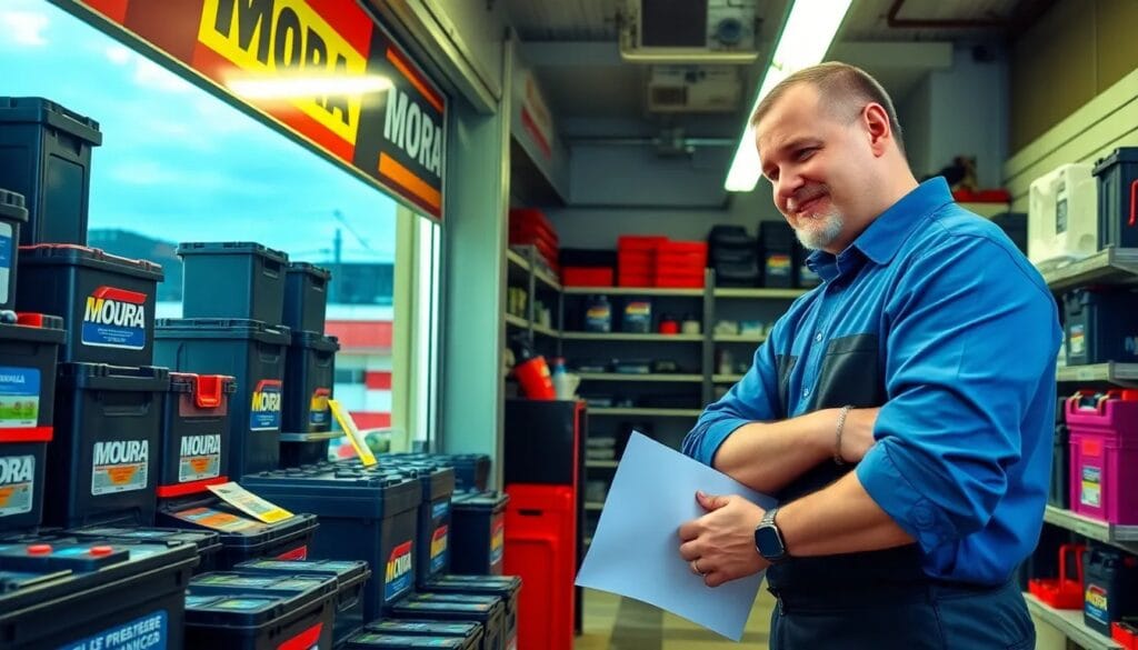 Hombre eligiendo baterías en tienda.