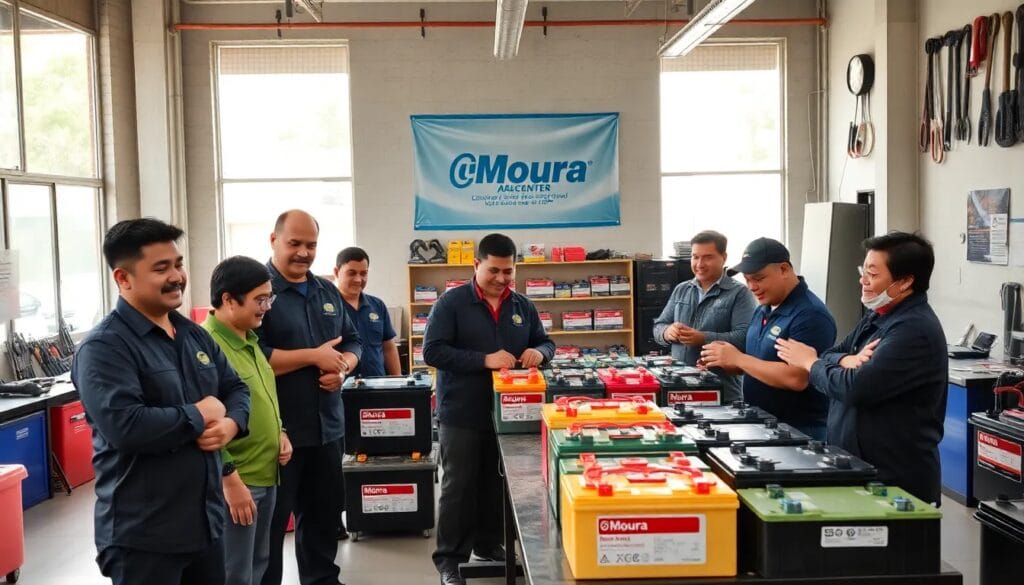 Grupo de personas en taller de baterías.