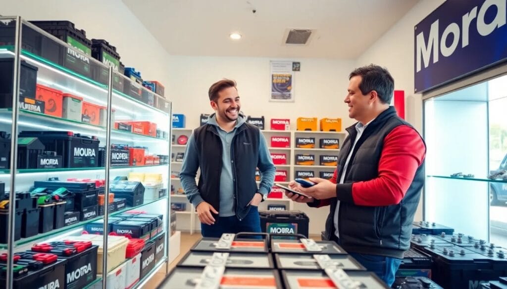 Hombres conversando en tienda de baterías.