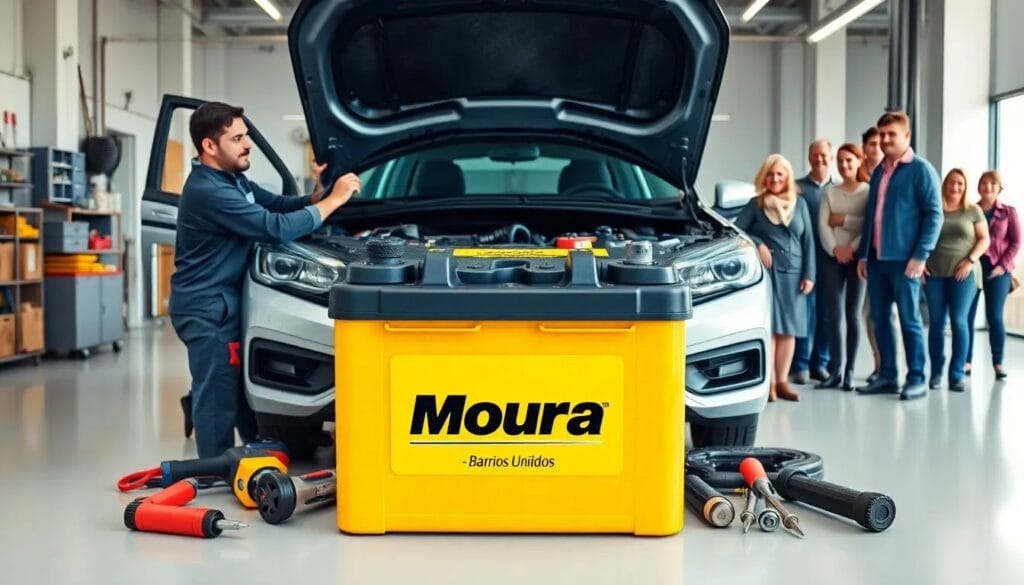 Técnico trabajando en automóvil con batería.