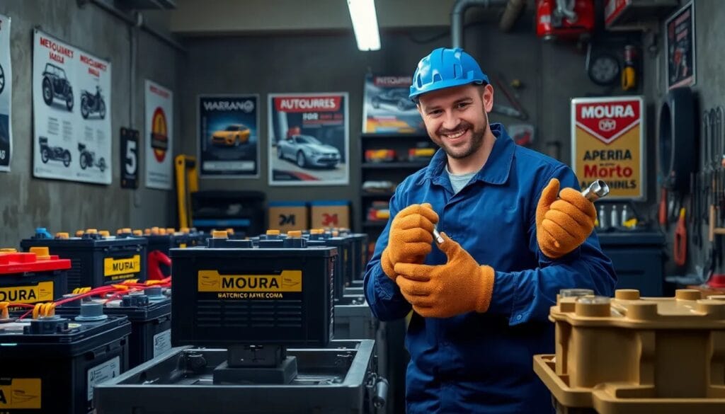 Hombre sonriente en taller de baterías.