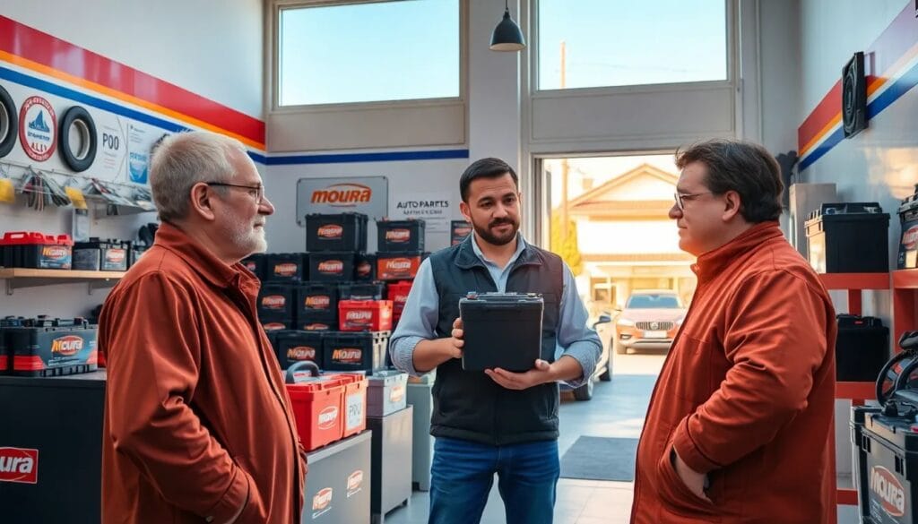 Tres hombres conversando sobre baterías.