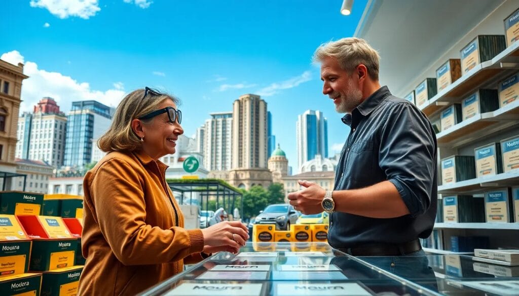 Mujer y hombre conversando en tienda