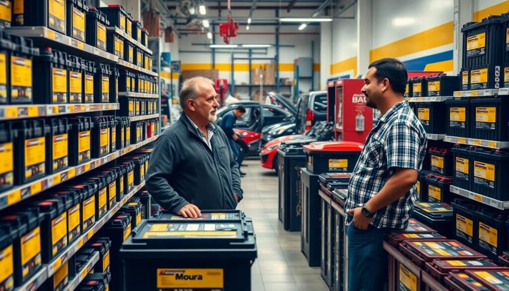 Hombres conversando en tienda de baterías.