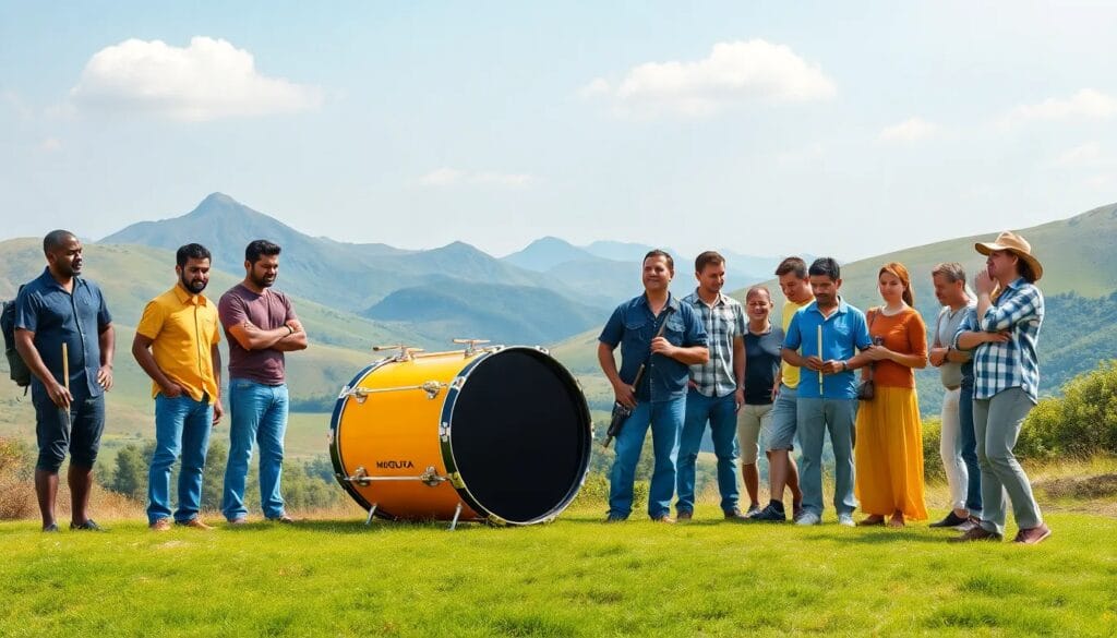 Grupo de personas en un paisaje montañoso.