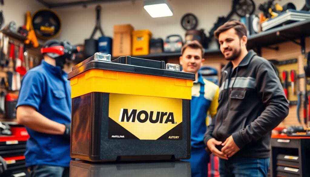 Hombres en taller con batería Moura.