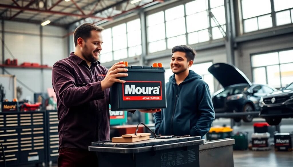 Hombres en taller con batería Moura.