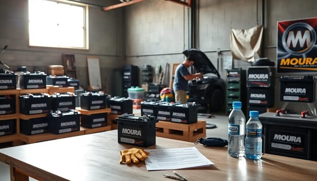Taller con baterías y mecánico trabajando